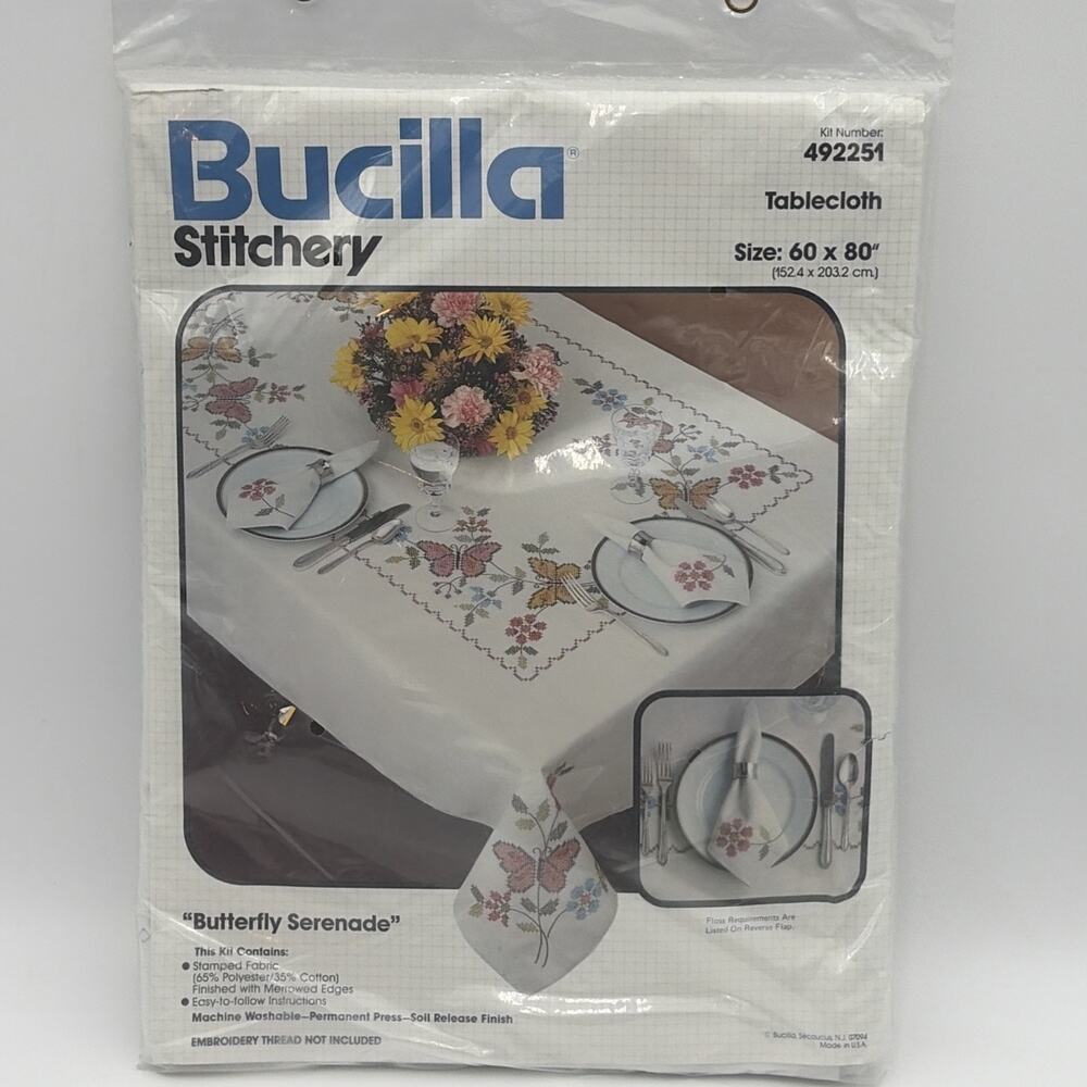 Bucilla BUTTERFLY SERENADE Tablecloth kit Stamped Cross Stitch 60x80 492251 NIP